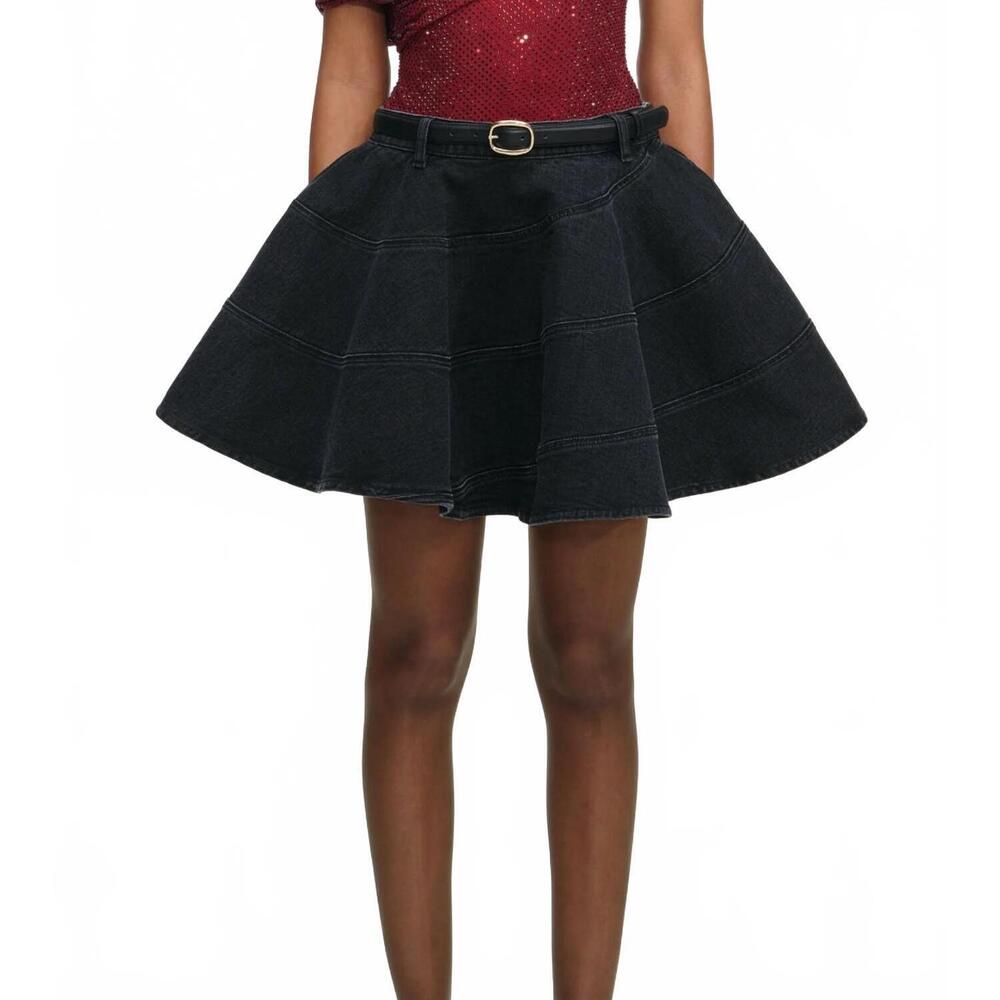 NEW SELF-PORTRAIT flared denim mini skirt in black